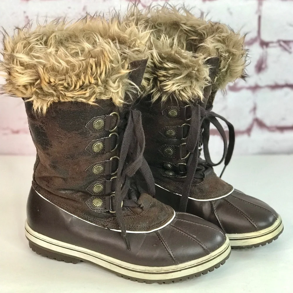 PARIS BLUES Fierce Faux Leather Faux Fur Lined Brown Lace Up Duck Boots Size 8